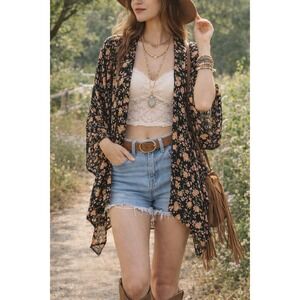 Sim & Sam Womens Floral Kimono Cardigan Size S/M Open Front Festival Layer Boho